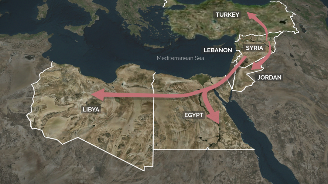 Map of the region with dotted lines to Lebanon, Iraq, Egypt, Turkey, Jordan and Libya to show the m
